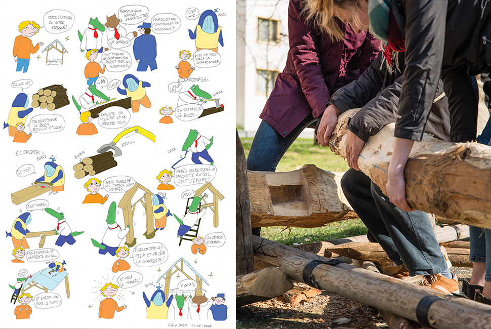 projet  Bande dessinée d'Héloïse Junqua montrant les étapes de construction du kiosque