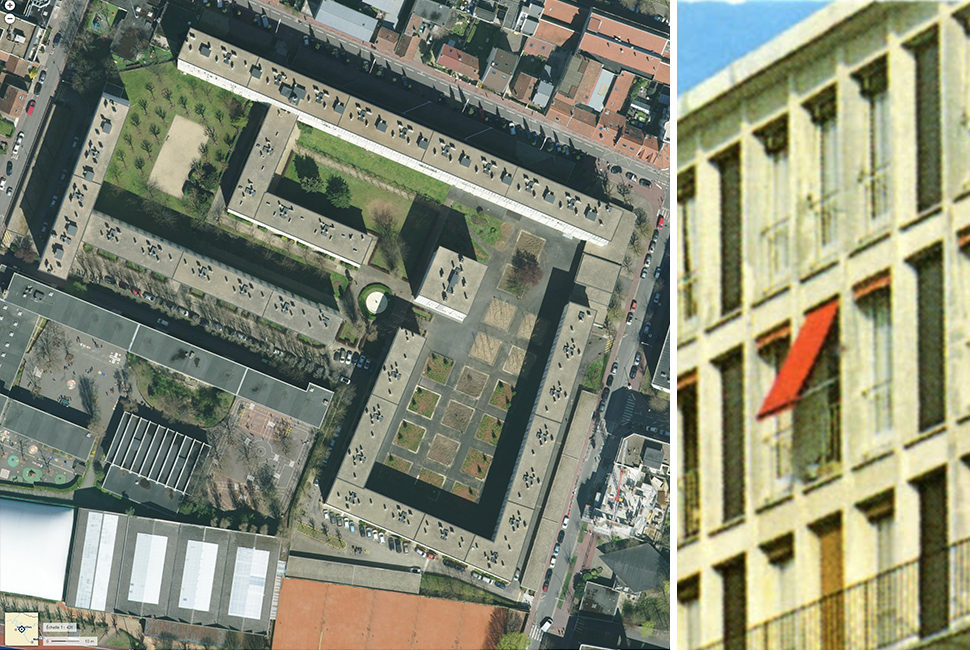 projet  Vue aérienne en 2008 | source&nbsp;: géoportail ; carte postale montrant des stores de protection solaire